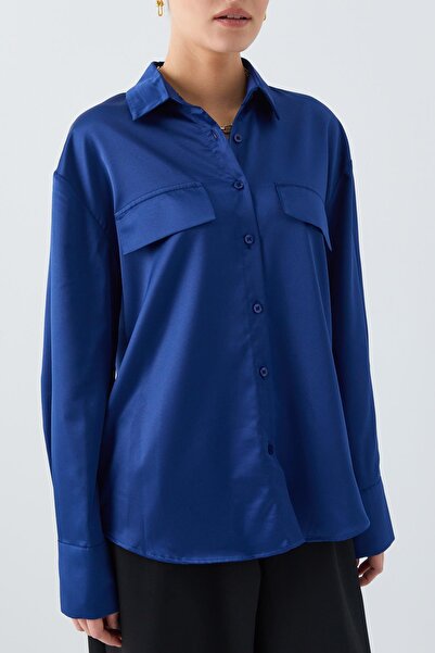 Mixray Жіноча сорочка з синьою атласною кришкою - з кишенями, модель 4635