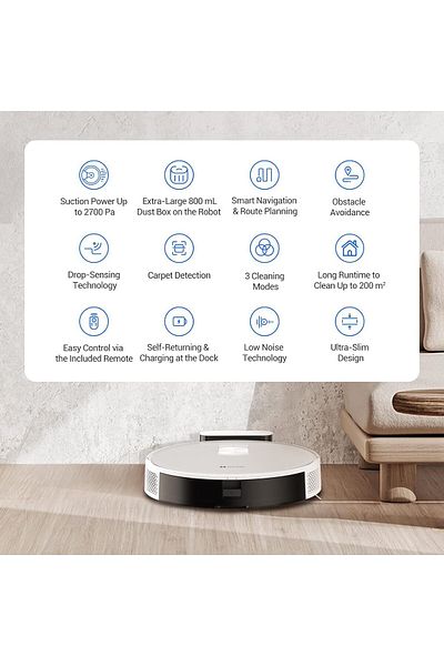 EZVIZ مكنسة كهربائية روبوتية RC3 بقوة شفط 2700 باسكال، وحقيبة غبار سعة 800 مل، مثالية للأرضيات الصلبة والسجاد