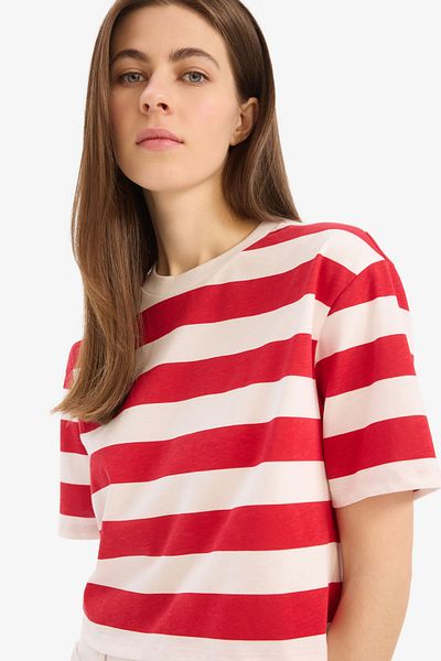 DeFacto Boxy Fit Crew Neck Striped Short Sleeve T-Shirt C6198Ax24Sm