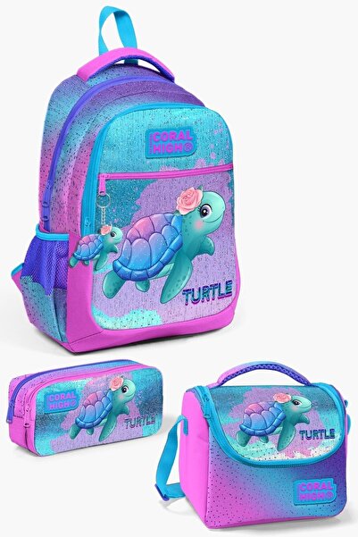 Coral High Kids Açık Pembe Mavi Kaplumbağa Desenli 3’lü Okul Çanta Seti SET0123497
