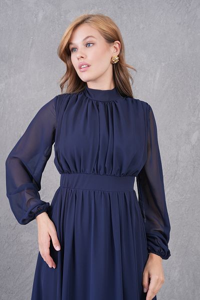 WOMAN VISION Rochie de damă, căptușită din țesătură șifon, cu guler evazat, cu mânecă lungă, lungime midi, bleumarin 094