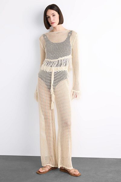 DeFacto Straight Fit Stretchy Waisted Crochet Beach Pants F7460Ax25Hs