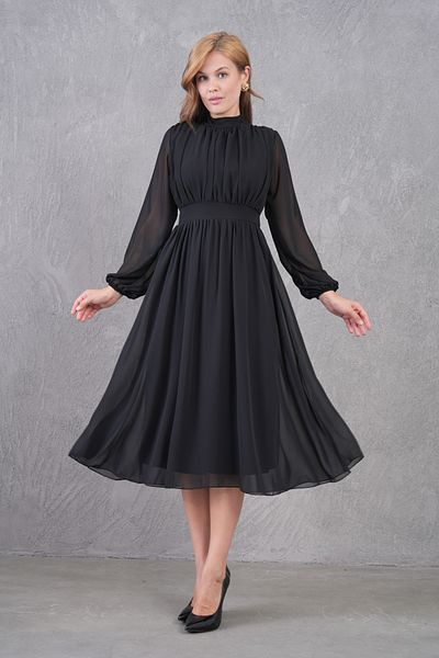 WOMAN VISION Rochie neagră de damă din țesătură șifon căptușită, cu guler ridicat, tăiat evazat, cu mânecă lungă, lungime midi 094