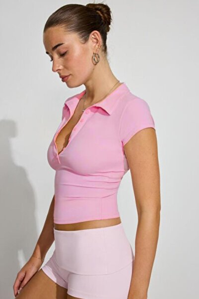 Madmext Pink Polo Neck Basic Women's T-Shirt Mg2455