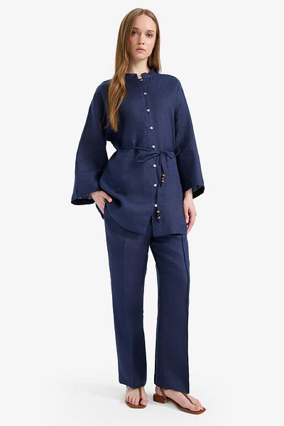 DeFacto 100% Linen Straight Fit Flexible Waisted Pocket Trousers D4388Ax25Sm