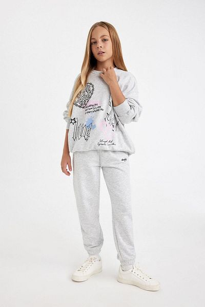 DeFacto Pantaloni de sport pentru fete, cu imprimeu, cu talie elastică, gri Jogger D0733a824au