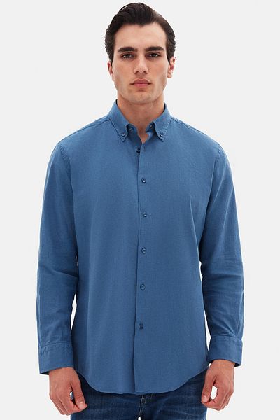 D'S Damat Cămașă Ds Damat Comfort Indigo, cu guler cu nasturi, cu aspect de in, 100% bumbac