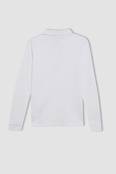 DeFacto Tricou polo școlar cu mânecă lungă din piqué alb pentru fetiță