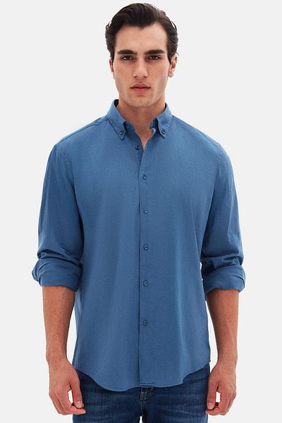 D'S Damat Cămașă Ds Damat Comfort Indigo, cu guler cu nasturi, cu aspect de in, 100% bumbac