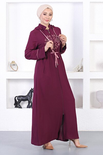Modamihram Bestickte Abaya mit Kapuze, Pflaume 12210