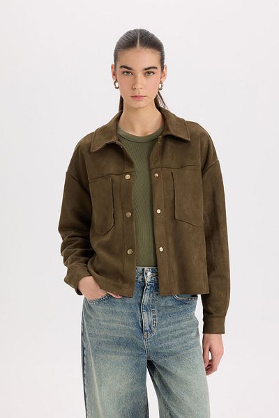 DeFacto Jachetă cămașă din piele intoarsa Crop Snap Pocket B2983ax23wn