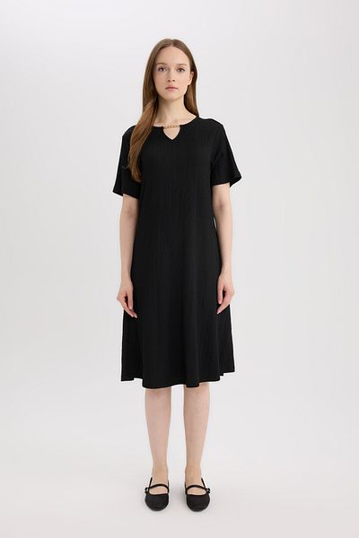DeFacto Rochie midi cu mânecă scurtă, cu guler Apaş, cu croiala normală D3834AX24SM