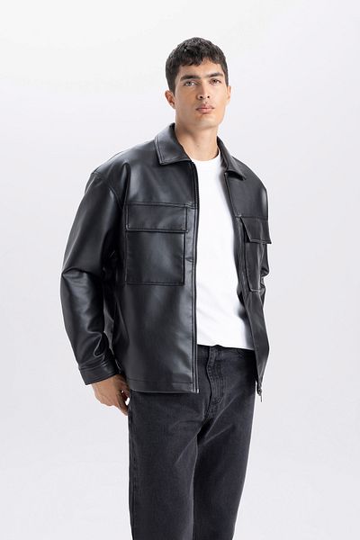DeFacto Jachetă cu guler cămașă oversize, haină din piele artificială