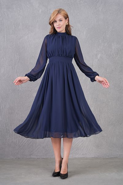 WOMAN VISION Rochie de damă, căptușită din țesătură șifon, cu guler evazat, cu mânecă lungă, lungime midi, bleumarin 094