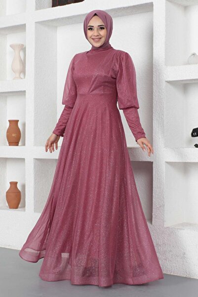 Modamihram Srebrzysta suknia wieczorowa z mankietami na zamek błyskawiczny, Dusty Rose 12253