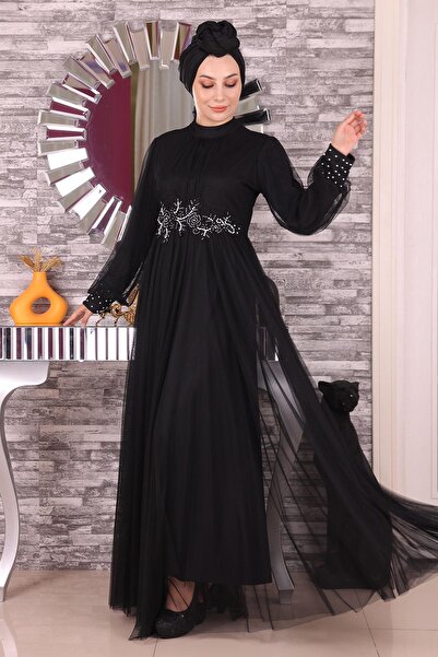 Modamihram İncili Dantel Detaylı Tül Abiye Siyah 19199