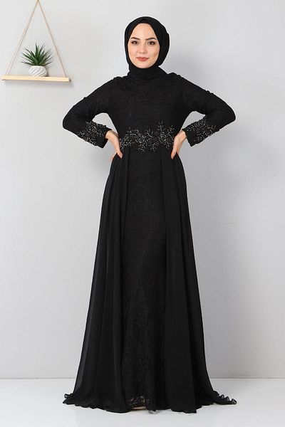 Modamihram Stone Detailed Fish Evening Dress Black 8855