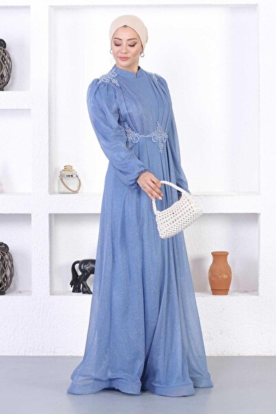 Modamihram Βραδινό φόρεμα με πέρλες και γκλίτερ μπλε 12252