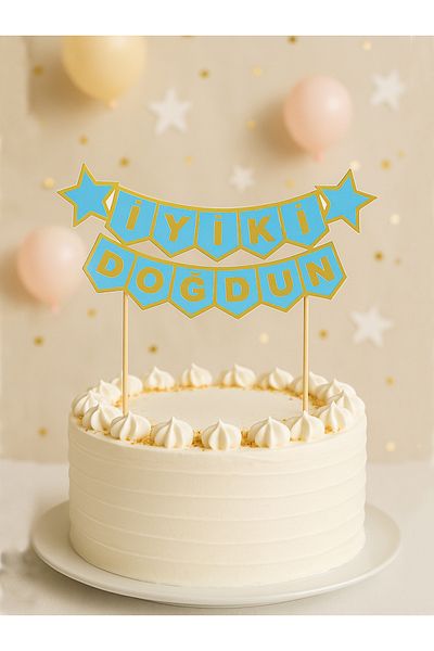 Parti Adresi Cake Top Banner Happy Birthday Written Birthday Cake Decoration Blue Gold