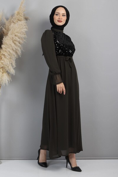 Modamihram Вечерна рокля от шифон с пайети, цвят каки 15600