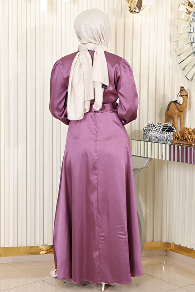 Modamihram Σατέν βραδινό φόρεμα με ζώνη, ξηρό τριαντάφυλλο 19191