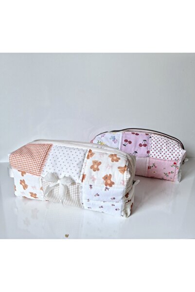 BABY KANGAROO %100 Pamuklu Patchwork Saç Şekillendirici çantası, Kozmetik & Seyahat Organizer 35x14x12 cm