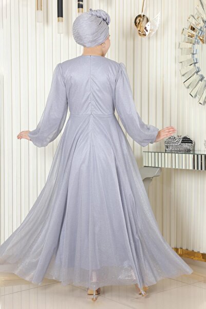 Modamihram Drapiertes glitzerndes Abendkleid mit Perlendetails Grau 19189