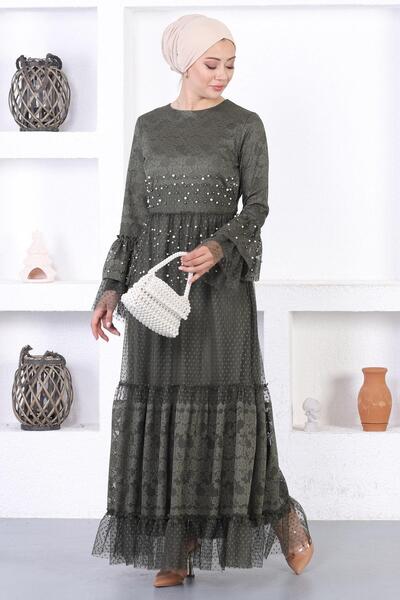 Modamihram Вечерна рокля с перлена дантела и волан, цвят каки 12213