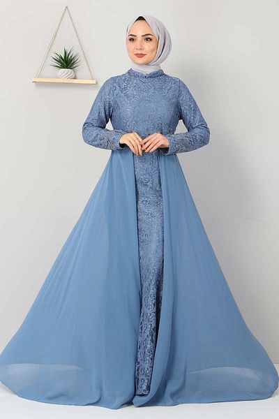 Modamihram Stone Detailed Fish Evening Dress Baby Blue 8855