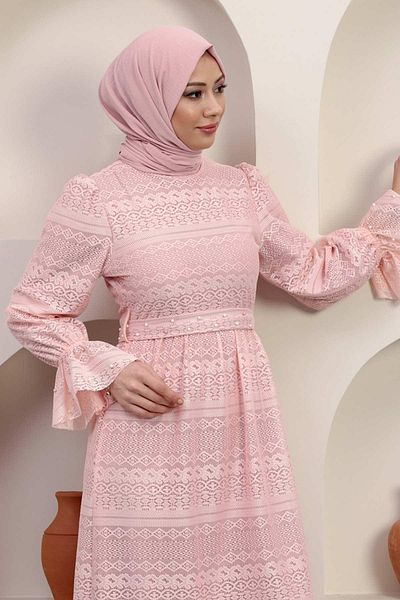 Modamihram Pearl Detailed Lace Evening Dress Powder 12239