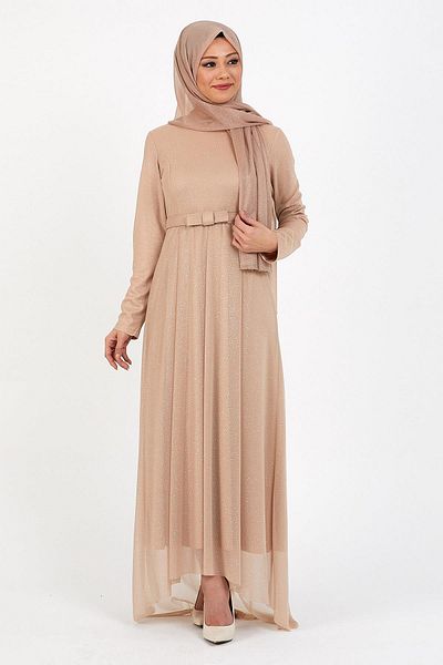 Modamihram Srebrzysta plisowana suknia wieczorowa taupe 12240