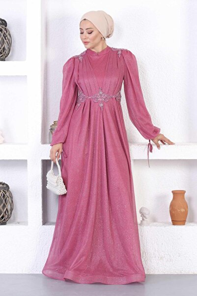 Modamihram İncili Dantelli Simli Abiye Gül Kurusu 12252