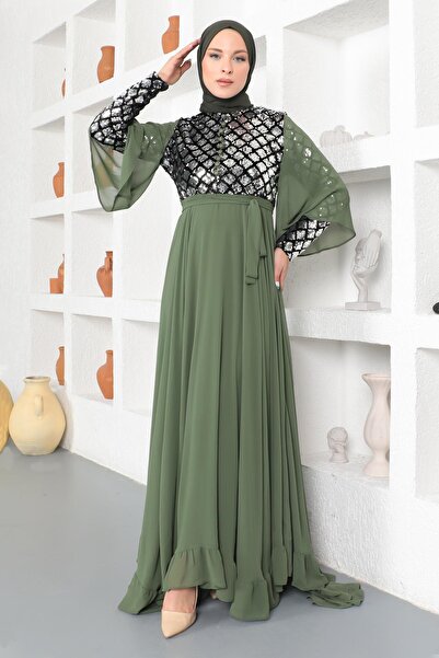 Modamihram Sequined Chiffon Evening Dress Khaki 19107