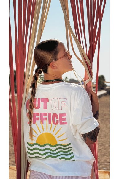 Le'Sluette Women's Oversized Out of Office Printed 100% Cotton T-Shirt White