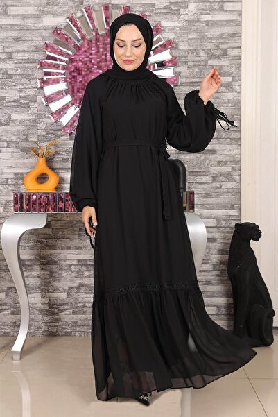 Modamihram Вечерна рокля от шифон с дантела, черна, 19143