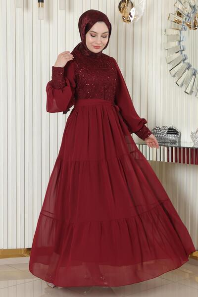 Modamihram Flitrované šifonové večerní šaty Claret Red 19187