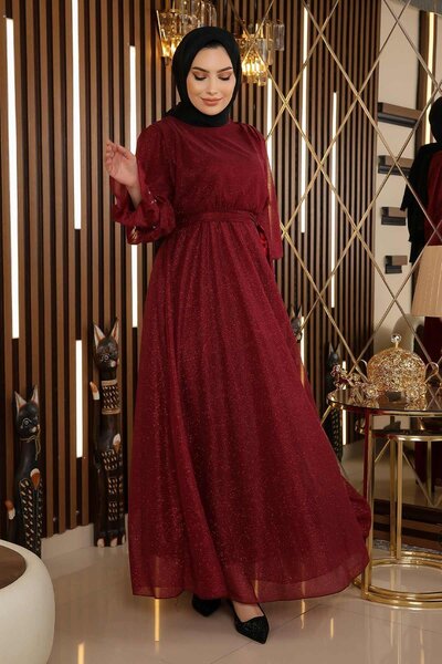 Modamihram Kamenné detailní třpytivé šifonové večerní šaty Claret Red 19113