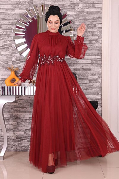 Modamihram Večerné šaty z perleťovej čipky s detailmi z tylu klaret červená 19199