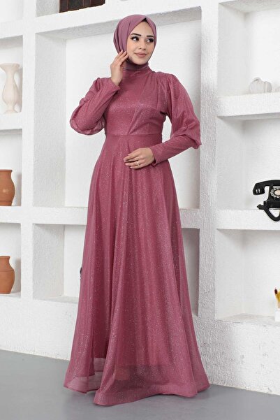 Modamihram Srebrzysta suknia wieczorowa z mankietami na zamek błyskawiczny, Dusty Rose 12253