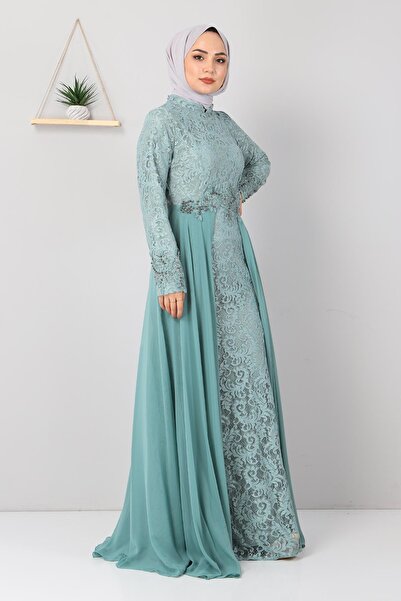 Modamihram Вечерна рокля с камъни и рибена опашка, ментов цвят 8855