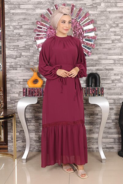 Modamihram Βραδινό φόρεμα σιφόν με δαντέλα Plum 19143