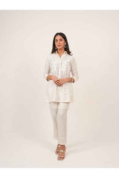 Lehar Ivory Floral Embroidered Linen-Cotton Co-Ord Set