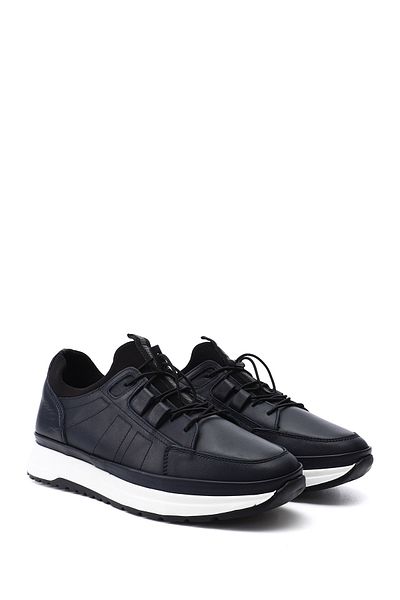 GÖNDERİ(R) Men's Navy Blue Antique Lycra Rubber Laced Genuine Leather Comfort Sneaker
