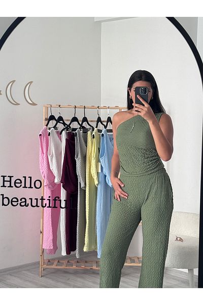 badibadii One Shoulder Seersucker Khaki Suit