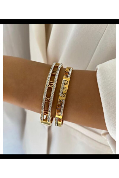 İSTLİV Gold Renk Roma Rakamlı Taşlı Çelik Kelepçe (sağ Taraftaki )