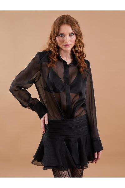 Auralis Studio Organze Gömlek Detay Volanlı Mini Elbise Siyah