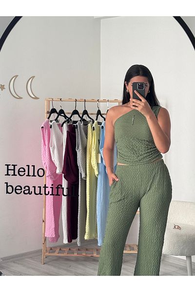 badibadii One Shoulder Seersucker Khaki Suit