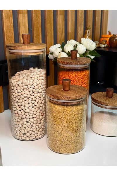 AROW Set of 4 Acacia Vacuum Lid Borosilicate Glass Jars