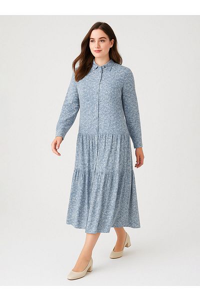 ALİA Φόρεμα με στάμπα λουλουδιών Plus Size με φυσικό ύφασμα - Μπλε - Alia
