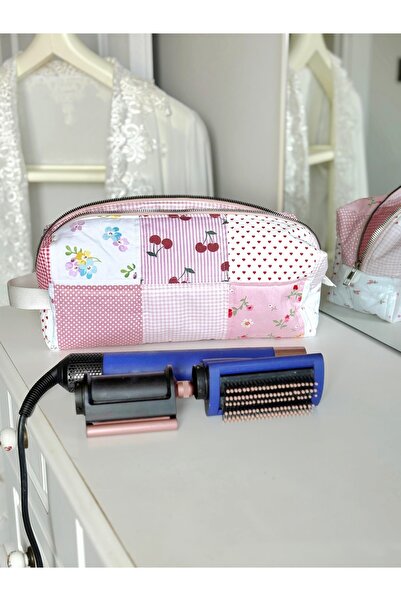 BABY KANGAROO %100 Pamuklu Patchwork Saç Şekillendirici çantası, Kozmetik & Seyahat Organizer 35x14x12 cm